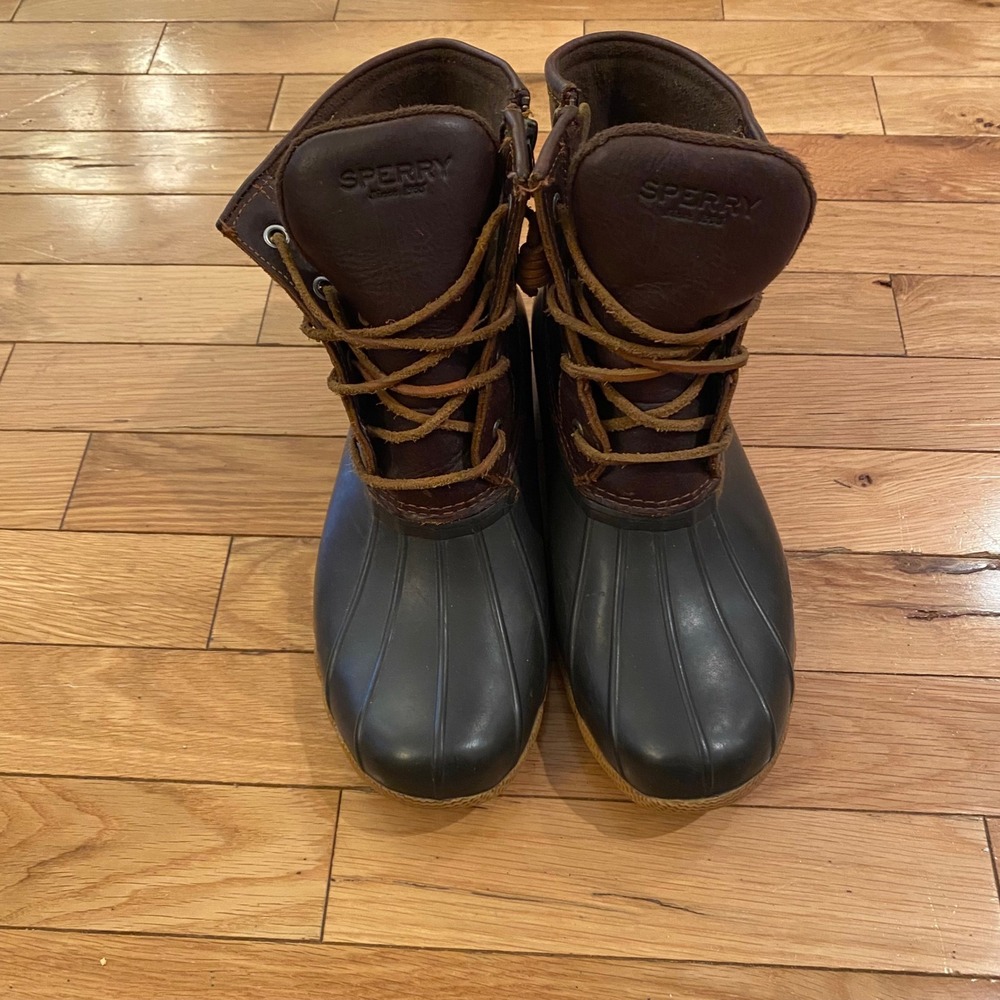 Sperry Saltwater Duck Boots Womens 8 M Brown Navy Leather Waterproof STS91176